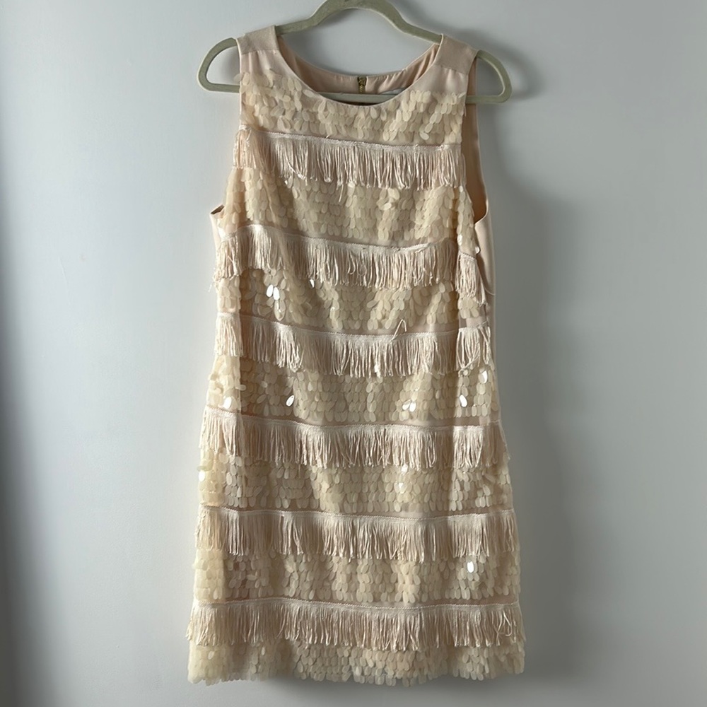 NWT Eliza J Sequins and Fringe Cream Formal Mini Dress size 14